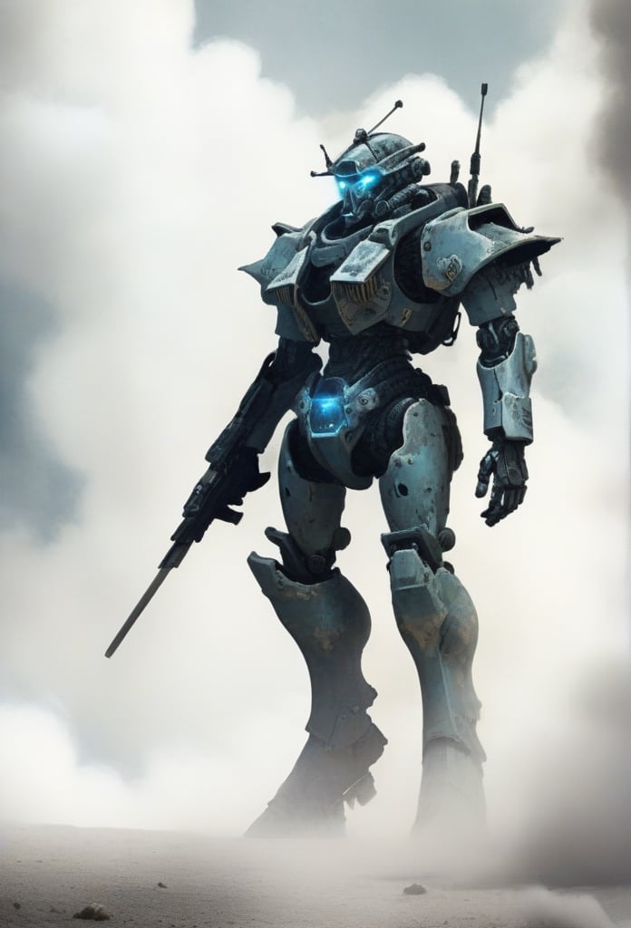 jonnzack_art_style, a lone mecha warrior with his weapons and swords and standing amidst clouds of dust and smoke, a warzone. jonnzack_art_style textures, jonnzack_art_style colors, biomechanical armour suit, jonnzack_art_style