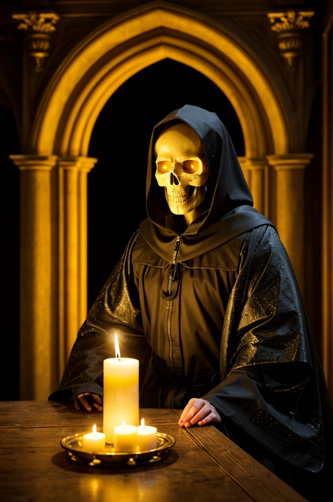 grad view, digital art of Shakespeare performing the play "To be or not to be" in a grim reaper outfit, looking at a skull he holds in his hands, a phantasmagoric piece of theatrical action, he is in the middle of a stage, with lights focusing on his body and a few smoke in the background surrounding, global illumination in yellow, , 


vibrant ambience, lively atmosphere, adorned with fairy lights and candles, captured in photorealistic detail with real skin textures, soft lighting, and presented as an absurdres masterpiece.


 highly detailed HDR photo, 8k quality, best quality, high resolution ultra photorealistic, high definition, highly detailed photo, photon mapping, dynamic angle, professional lighting, highly detailed face and body,expressive eyes, perfectly detailed face