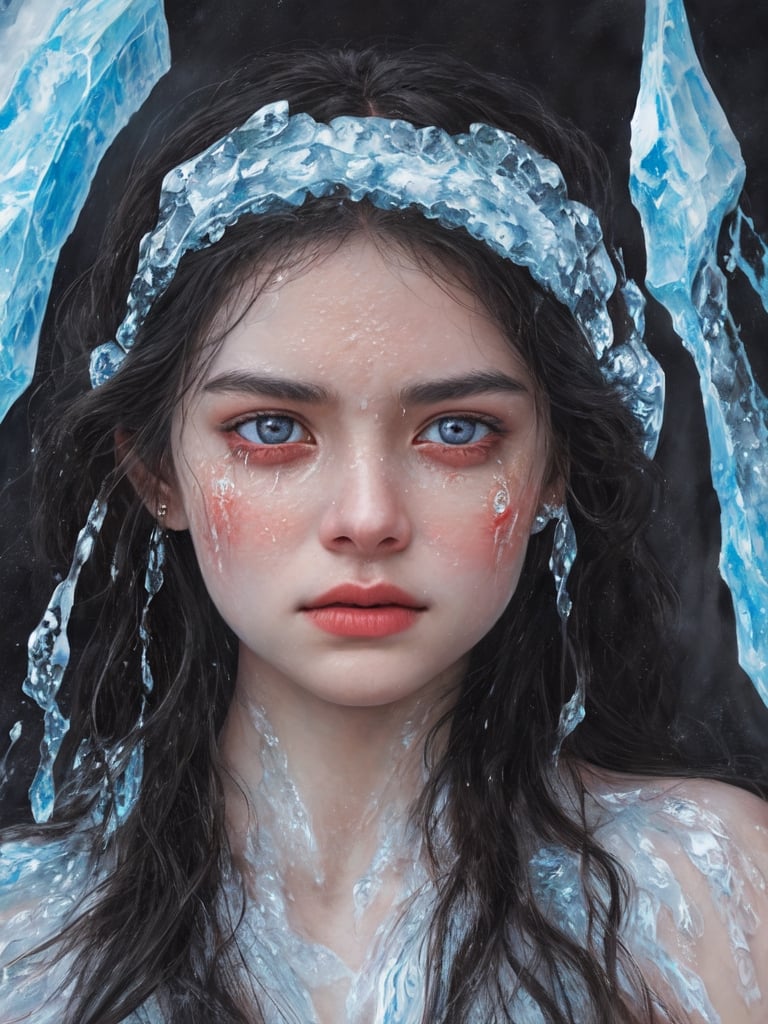 RAW photorealistic  portrait of a radiant goddess of lava and ice. tears of ice and tears of fire dripping from her eyes
  