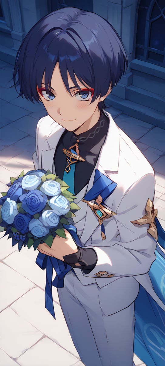 Score_9,score_8_up,score_7_up,Highly detailed, masterpiece, high quality, beautiful, high resolution, good details,1boy,solo,male focus,mezcla5v2,outdoor,church,suit,white suit,blue necktie,blue roses,smile,looking up, from above,bouquet the blue roses, bouquet between hands,snile,blush,happy,looking at viewer,wanderer,dark blue hair,blue eyes,red eyeliner