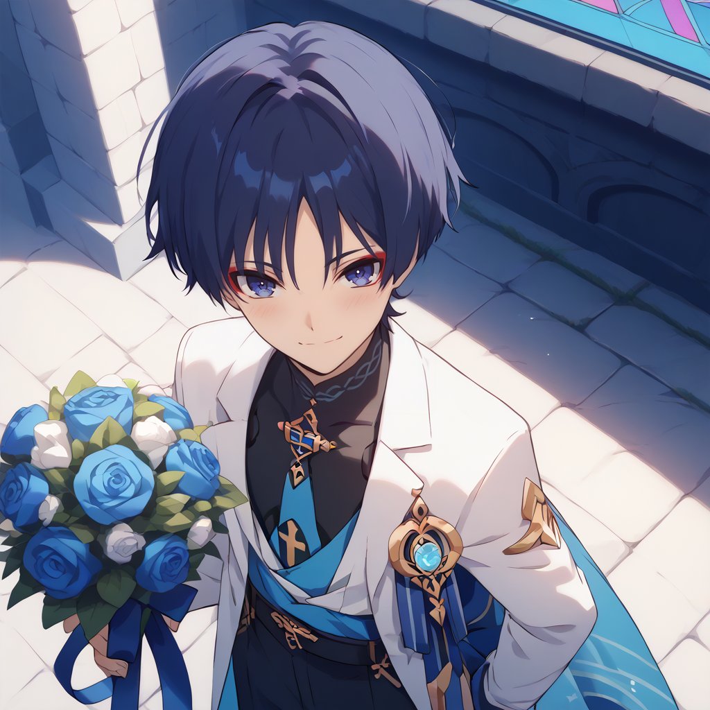 Score_9,score_8_up,score_7_up,Highly detailed, masterpiece, high quality, beautiful, high resolution, good details,1boy,solo,male focus,mezcla5v2,outdoor,church,suit,white suit,blue necktie,blue roses,smile,looking up, from above,bouquet the blue roses, bouquet between hands,smile,blush,happy,looking at viewer,wanderer,dark blue hair,blue eyes,red eyeliner