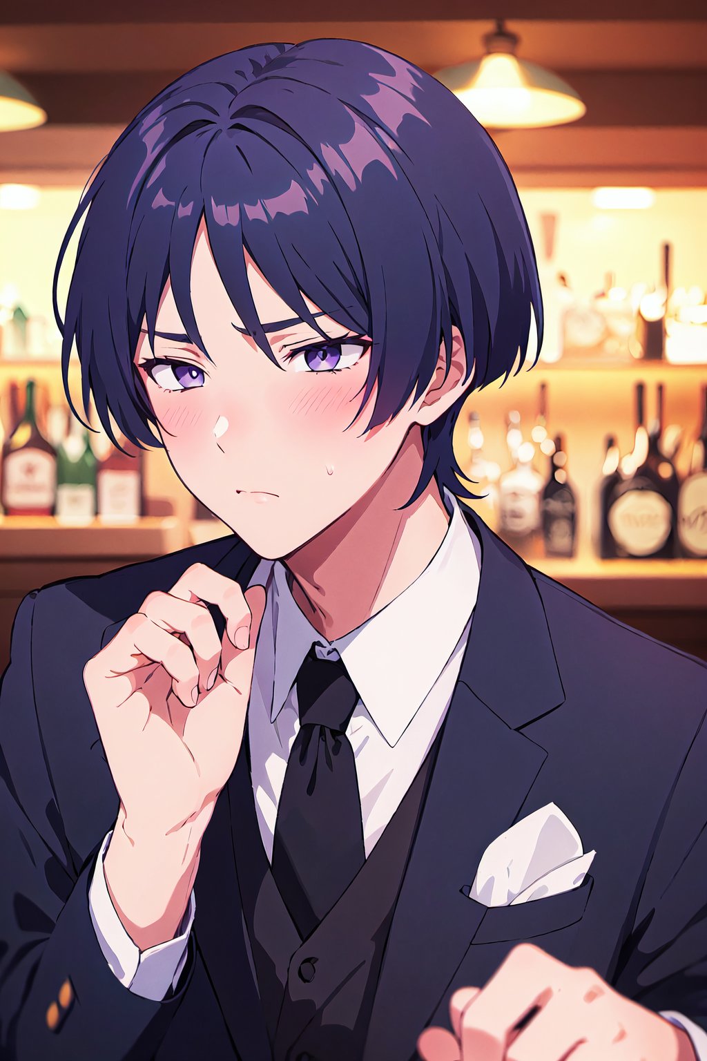 1boy, solo, male focus, portrait, Scara, black suit, black tie, sad, dark purple eyes, at a bar, slight blush