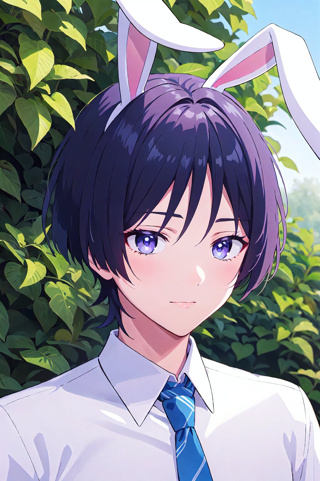 1boy, solo, male focus, portrait, Scara, hair covering eaes, dark purple eyes, bunny ears, bunnyboy, white shirt, blue tie, outdoors