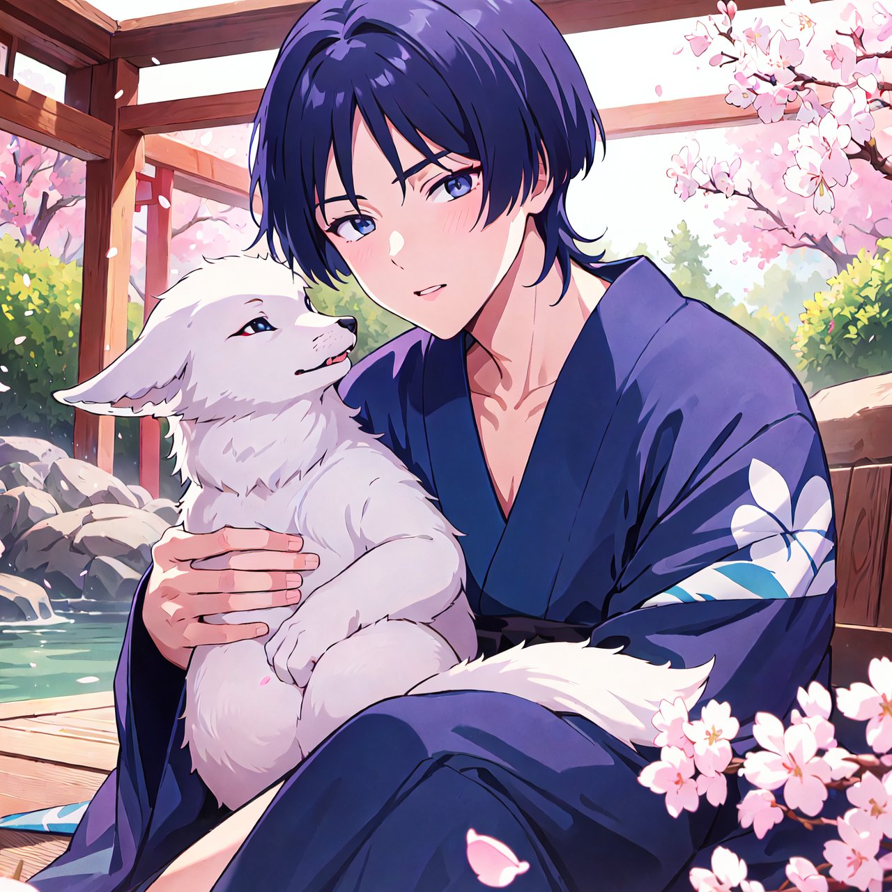 Masterpiece, best quality, 1boy, solo, male focus, portrait, Scara, relaxed face, dark eyes, blue male kimono, sitting, hugging a small white fox, YaeMikoFox, holding animal, japanese garden background, cherry blossoms,