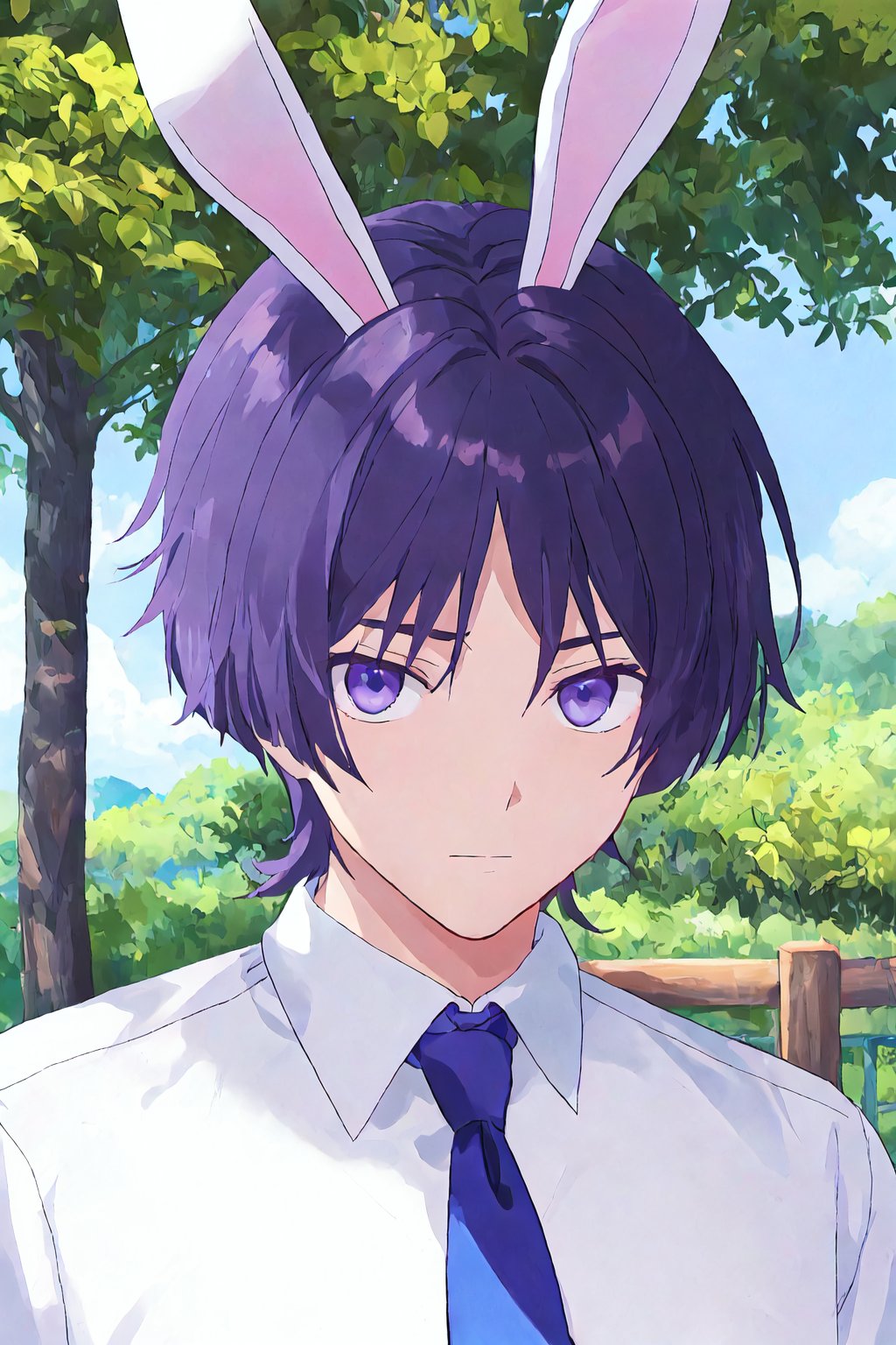 1boy, solo, male focus, portrait, Scara, hair covering eaes, dark purple eyes, bunny ears, bunnyboy, white shirt, blue tie, outdoors