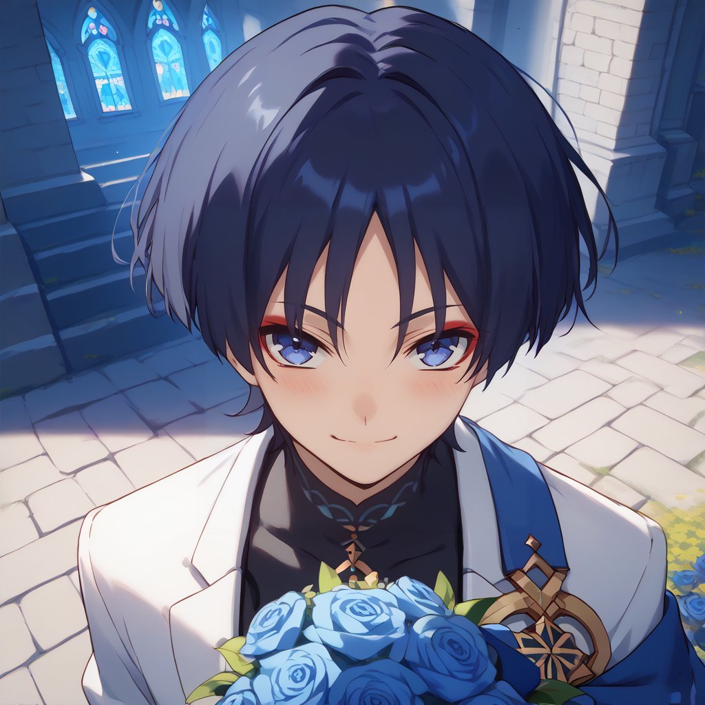 Score_9,score_8_up,score_7_up,Highly detailed, masterpiece, high quality, beautiful, high resolution, good details,1boy,solo,male focus,mezcla5v2,outdoor,church,suit,white suit,blue necktie,blue roses,smile,looking up, from above,bouquet the blue roses, bouquet between hands,smile,blush,happy,looking at viewer,wanderer,dark blue hair,blue eyes,red eyeliner