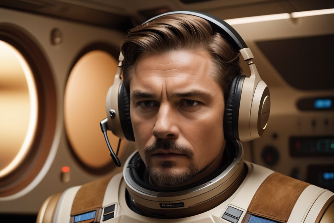 [A medium shot of Leo’s face, listening to the rocket captain’s voice, as he taps his headset], [photorealistic, sci-fi style, inspired by Interstellar], [neutral and attentive atmosphere, brown and beige tones, medium framing], --style unreal engine, --quality 1, --chaos 10 Use a Fujifilm GFX 100S with an 80mm f/1.7 lens