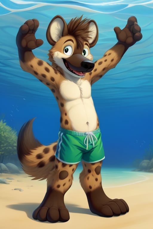 a cute and friendly cartoon hyena with light brown fur and spiky brown hair, wearing green swimming trunks, full body