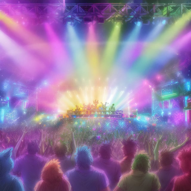 A vibrant, joyful music festival scene with a diverse crowd dancing and cheering under colorful stage lights, featuring a lively band performing on stage, surrounded by festive decorations and a lively atmosphere.