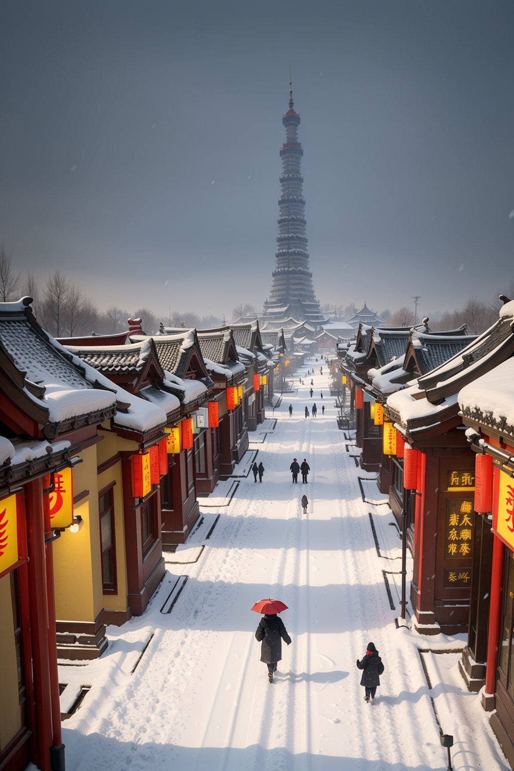 Big Wild Goose Pagoda in Xi'an, China, with heavy snow falling, a lonely pedestrian walking away in the snow, distant view, overhead shot, no one around.,Extremely Realistic