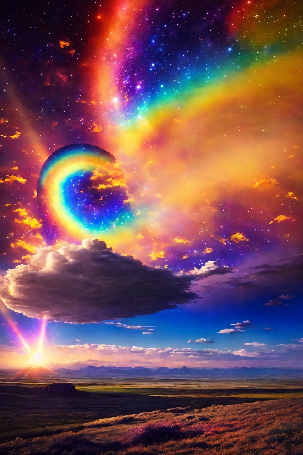 Plains, A cosmic dreamscape where planets and galaxies collide. walls have an indigenous village of either rustical or futuristic style ,            rainbow, many small clouds,   coronal flares, and stars, and asteroid belts, in the sky, earthlike planet, in the sky, 
((photo raw)), hard lighting,  vibrant colors, film still,  ,