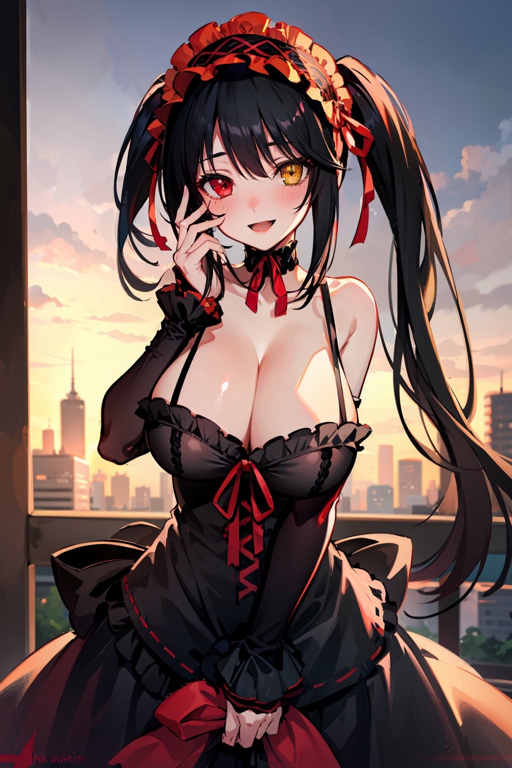 (masterpiece), best quality, perfect face, expressive eyes, (huge breasts:1.2), smile, open mouth, blushing, standing, city, evening, aakurumi, long hair, twintails, hairband, heterochromia, medium breasts, cleavage, black choker, red ribbon, bare shoulders, gothic, red dress, red bow, detached sleeves