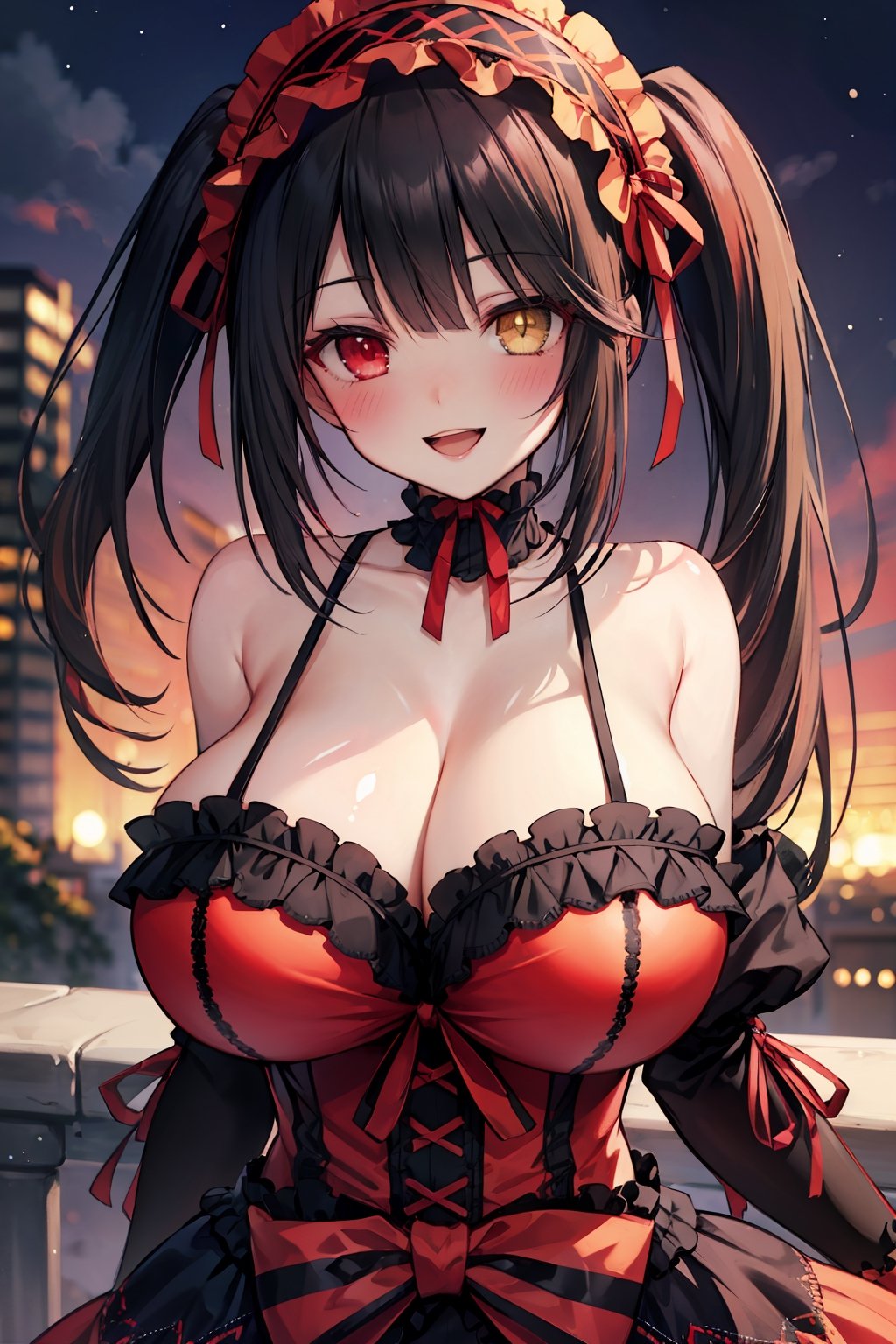 (masterpiece), best quality, perfect face, expressive eyes, (huge breasts:1.2), smile, open mouth, blushing, standing, city, evening, aakurumi, long hair, twintails, hairband, heterochromia, medium breasts, cleavage, black choker, red ribbon, bare shoulders, gothic, red dress, red bow, detached sleeves