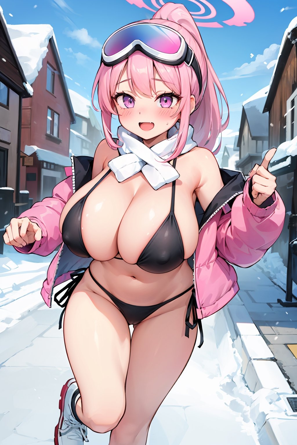 (masterpiece), best quality, perfect face, expressive eyes, lewd, (huge breasts:1.2), smile, open mouth, standing, running, looking away, (blushing:1.2), snowy town, bbeimi,halo,purple eyes,long hair,ponytail,bangs,large breasts,cleavage,goggles,goggles on head,pink jacket,long sleeves,open clothes,off shoulder,white scarf,halterneck,scarf,black bikini,side-tie bikini bottom,boots,(white footwear:1.2)