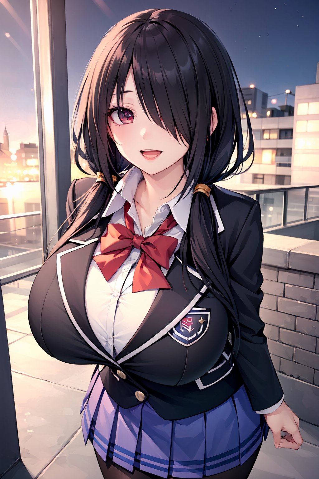 (masterpiece), best quality, perfect face, expressive eyes, (huge breasts:1.2), smile, open mouth, standing, city, evening, bbkurumi, long hair, low twintails, hair over one eye, school uniform, blazer, black jacket, pleated skirt, blue skirt, black pantyhose,masterpiece