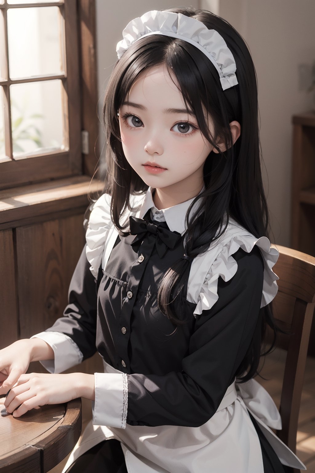 1girl, child, long hair, black hair, floral hair ornament, maid