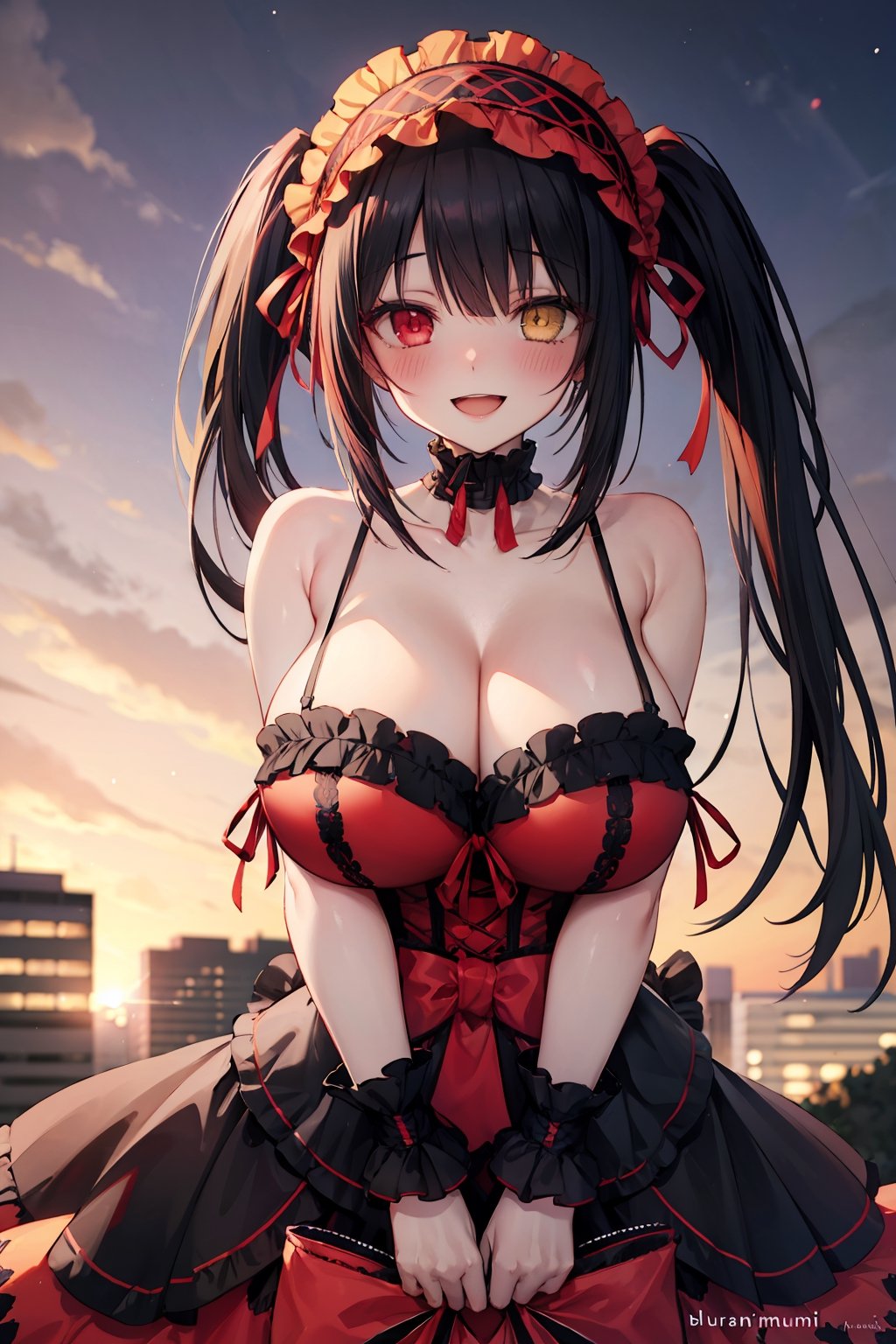 (masterpiece), best quality, perfect face, expressive eyes, (huge breasts:1.2), smile, open mouth, blushing, standing, city, evening, aakurumi, long hair, twintails, hairband, heterochromia, medium breasts, cleavage, black choker, red ribbon, bare shoulders, gothic, red dress, red bow, detached sleeves