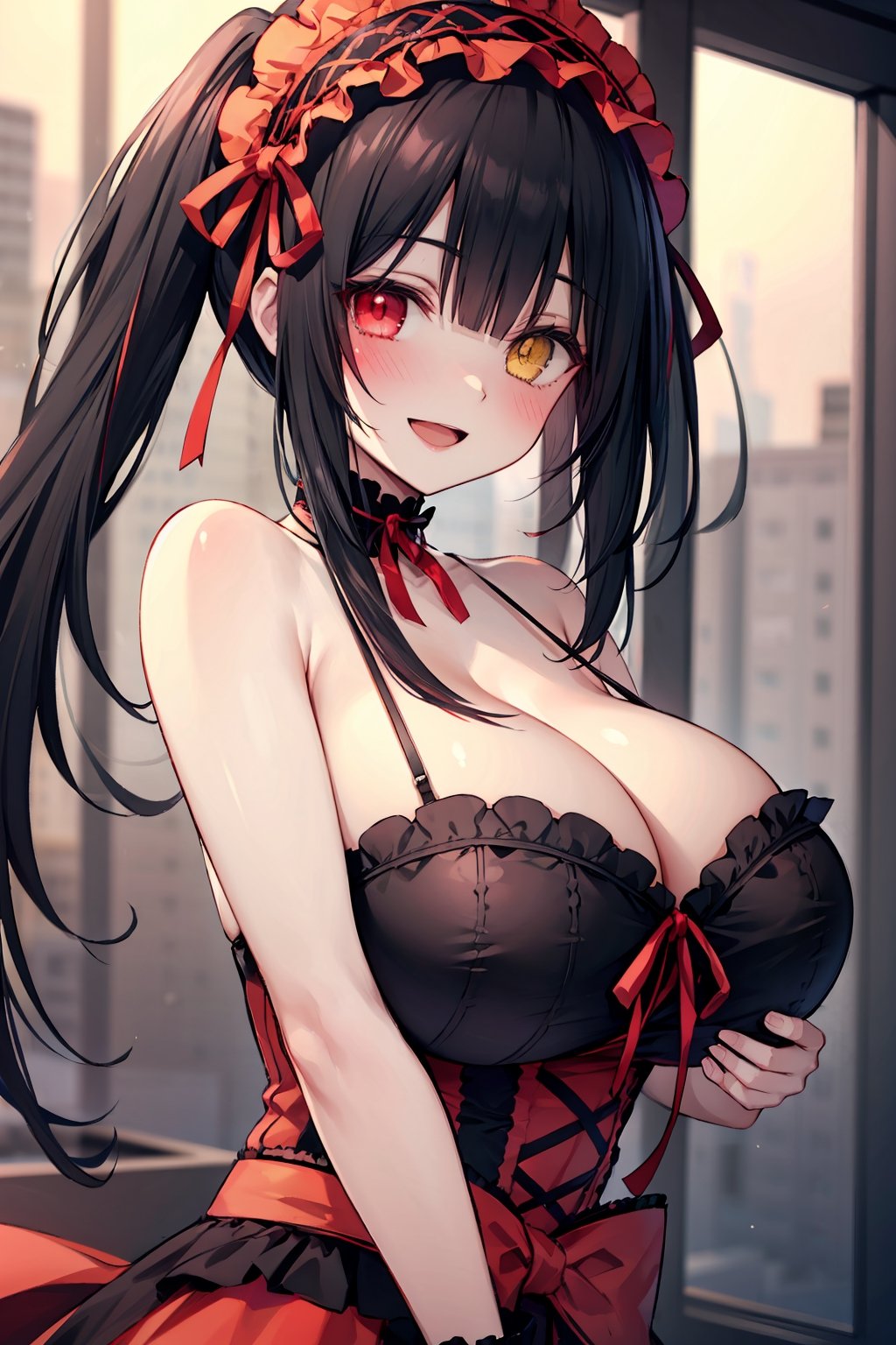 (masterpiece), best quality, perfect face, expressive eyes, (huge breasts:1.2), smile, open mouth, blushing, standing, city, evening, aakurumi, long hair, twintails, hairband, heterochromia, medium breasts, cleavage, black choker, red ribbon, bare shoulders, gothic, red dress, red bow, detached sleeves