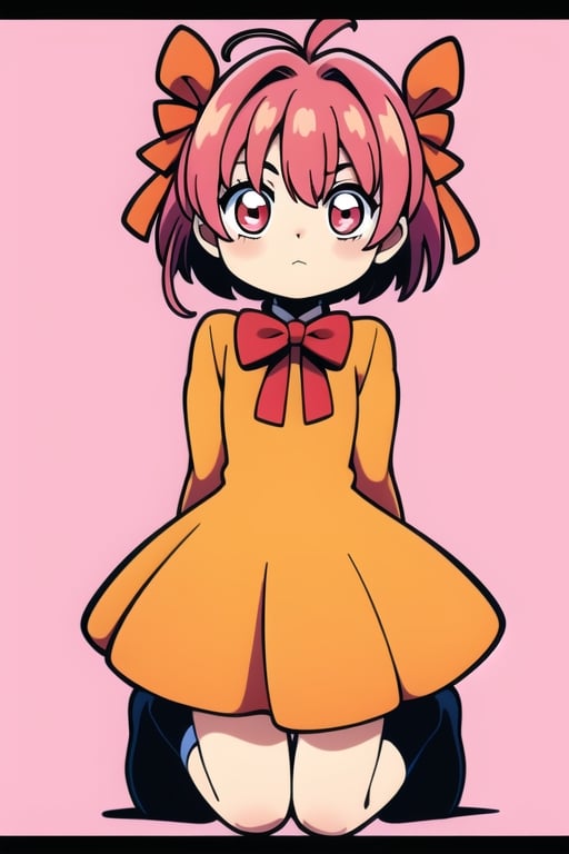 1girl, solo, looking at viewer, short hair, bangs, full_body, socks, simple background, red eyes, long sleeves, dress, bow, ribbon, hair between eyes, twintails, closed mouth, hair ribbon, orange_dress, pink hair, ahoge, pink eyes, pink background, short twintails, letterboxed, child