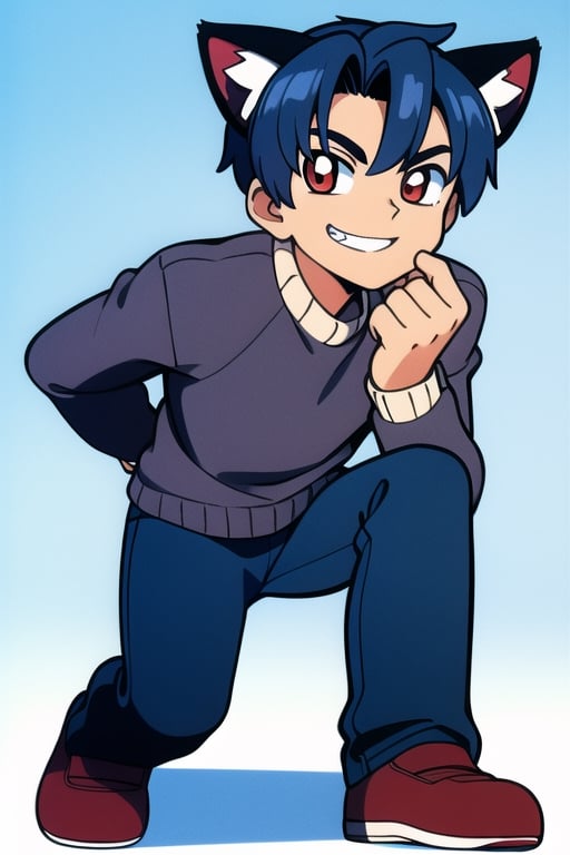 solo, looking at viewer, smile, school, red eyes, 1boy, day, animal ears, blue hair, full body, male focus, pants, cat ears, grin, sweater,