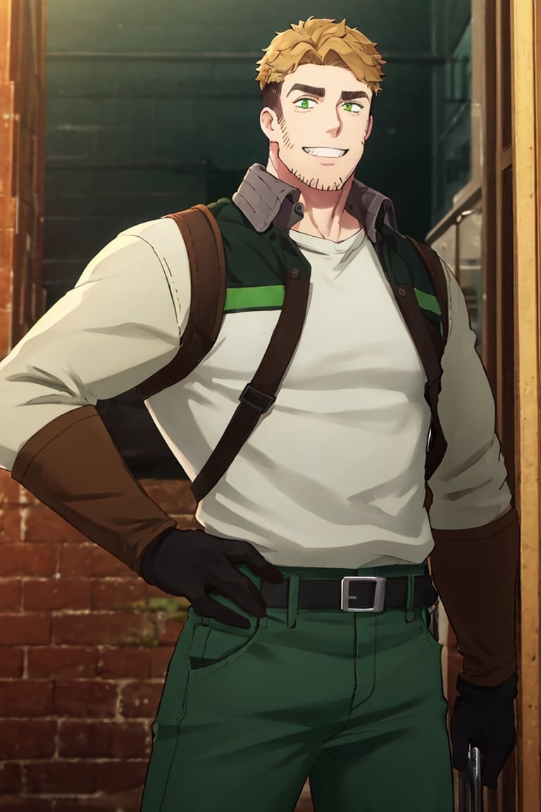 (1 image only), solo male, Gagumber, Sakugan,physical laborer worker, brown hair, two-tone hair, stubble, sideburns, green eyes, thick eyebrows, white tank top, orange High-visibility jacket, open jaket, green work pants, black boots, black gloves, mature, handsome, charming, alluring, smile, standing, upper body, perfect anatomy, perfect proportions, best quality, masterpiece high_resolution, dutch angle, cowboy shot, cityscape