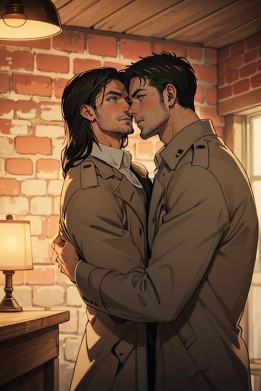 couple, ((2people)), first man giver(Eren Jaeger, ,erenad, black hair, long hair, long straight hair, hair down, stubble, grey-green eyes:1.3), second mature man receiver(reiner braun, blond hair, short hair, stubble, hazel eyes:1.3), (uniform, pure white collared shirt, open brown trench coat:1.2), (different hair style, different hair color, different face, same height:1.4), makeout, eye contact, gay, homo, slight shy, charming, alluring, seductive, highly detailed face, detailed eyes, perfect light, (simple background,  1930s military red brick basement, spacious room), retro, oil lamp light outside frame, (best quality), (8k), (masterpiece), best quality, 1 image, manly, perfect anatomy, perfect proportions, perfect perspective ,hug