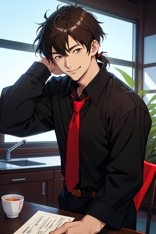 (1 image only), solo male, Ryoji Kaji, Neon Genesis Evangelion, Asian, Japanese, dark brown hair, bangs, short ponytail, dark brown eyes, thin stubble, blue collared shirt, red sleeves rolled up, necktie, black pants, smile, mature, handsome, charming, alluring, head rest, pov, upper body, table, perfect anatomy, perfect proportions, (best quality, masterpiece), ((perfect eyes, perfect eye pupil)), perfect hands, high_resolution, dutch angle