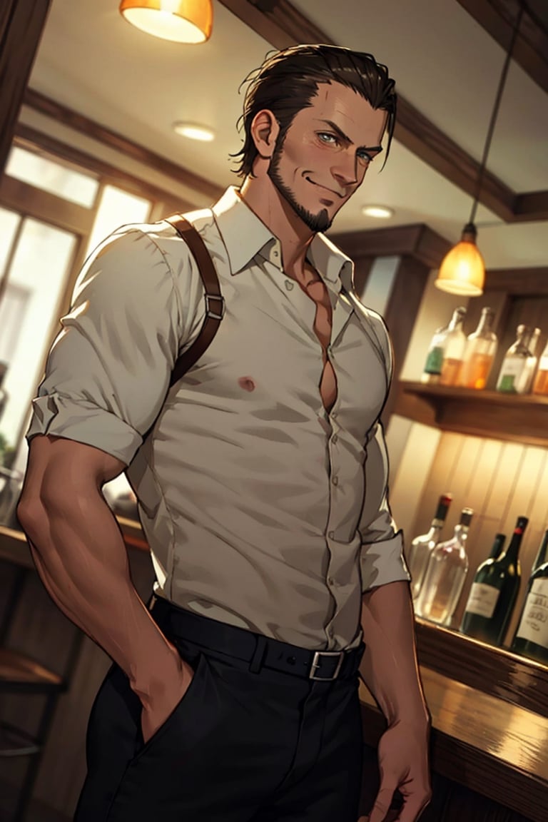 solo male, Kenny Ackerman, Attack on Titan Anime style, brown hair, hair slicked back, grey eyes, sideburns, thin beard along jawline, complete, white collared shirt, roll up sleeves, open shirt, bare chest, bare belly, black pants, athletic build, middle-age, mature, handsome, charming, alluring, smirk, standing, upper body, perfect anatomy, perfect proportions, best quality, masterpiece, high_resolution, dutch angle, cowboy shot, indoor, vintage bar