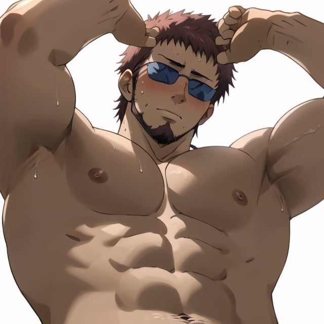 score_9, score_8_up, score_7_up, mns-pose, 1boy, solo, male focus, (Taizou_Hasegawa, sunglasses, facial hair, stubble), masculine, topless, nude, sweaty, wet, shiny skin, looking at viewer, horny, blush, looking down, from below, upper body, close-up, nipples, nipple slip, large pectorals, pectoral focus, sidepec, nude, muscular, muscular male, bara, simple background, (perfect eyes:1.1), ((from below)),