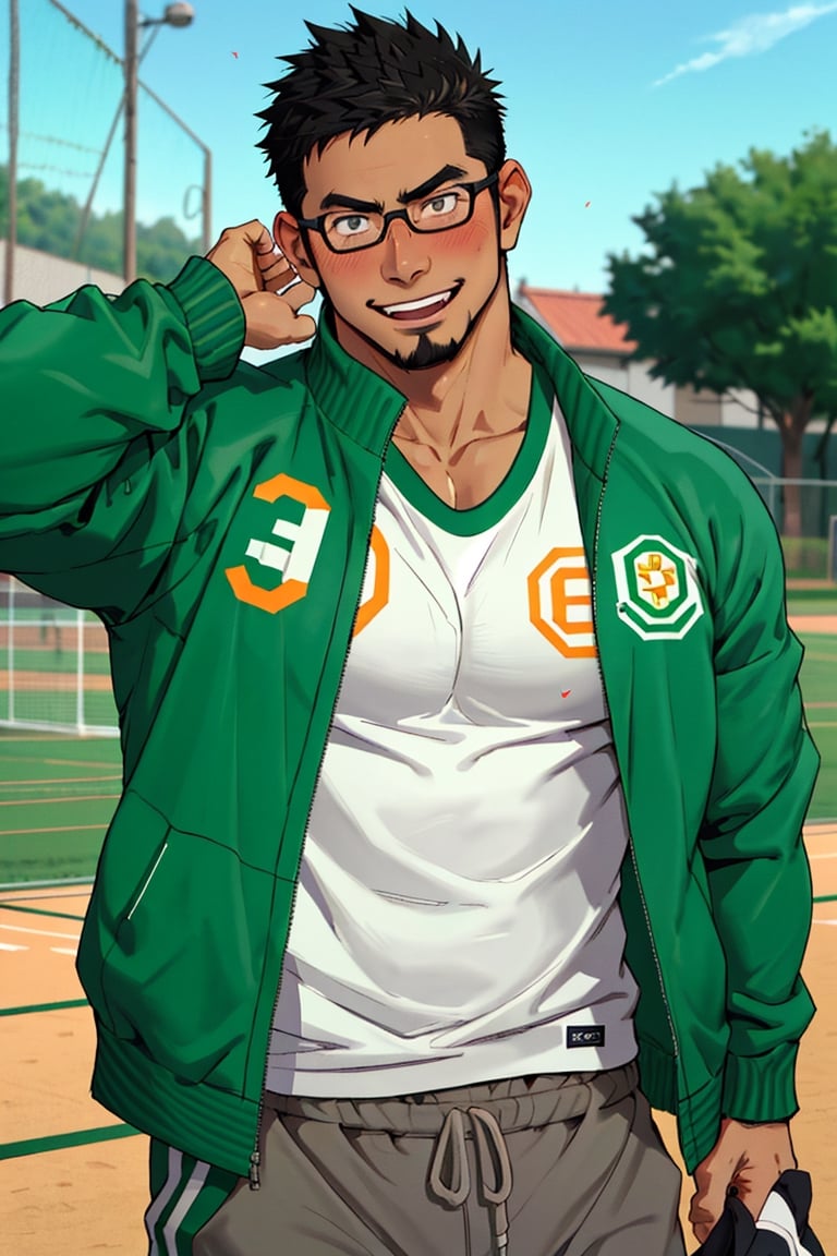 (1 image only), solo male, bara, Kyoichi Ootomo, Live A Hero, Asain, Japanese, athlete, PE teacher, short hair, black hair, green streaked hair, sideburns, black eyes, facial hair, goatee, (wore glasses), tan skin, white bandaid on nose, white t-shirt, ((pure green athletic jacket, open jacket)), grey shorts, sneakers, smile, blush, mature, handsome, charming, alluring, standing, upper body, perfect anatomy, perfect proportions, (best quality, masterpiece), (perfect eyes, perfect eye pupil), perfect hands, high_resolution, dutch angle, school sports ground,(1man),best quality