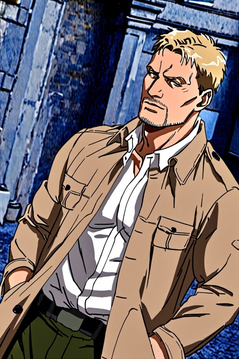 solo male, Reiner Braun, blond hair, short hair, facial hair, stubble, hazel eyes, tall, Marleyan soldier uniform, (pire white collared shirt:1.3), light-brown trench coat, (open coat:1.1), military green pants, black combat boots,  handsome, charming, alluring, standing, upper body, perfect anatomy, perfect proportions, best quality, masterpiece, high_resolution, dutch angle, cowboy shot, photo background,Reiner Braun