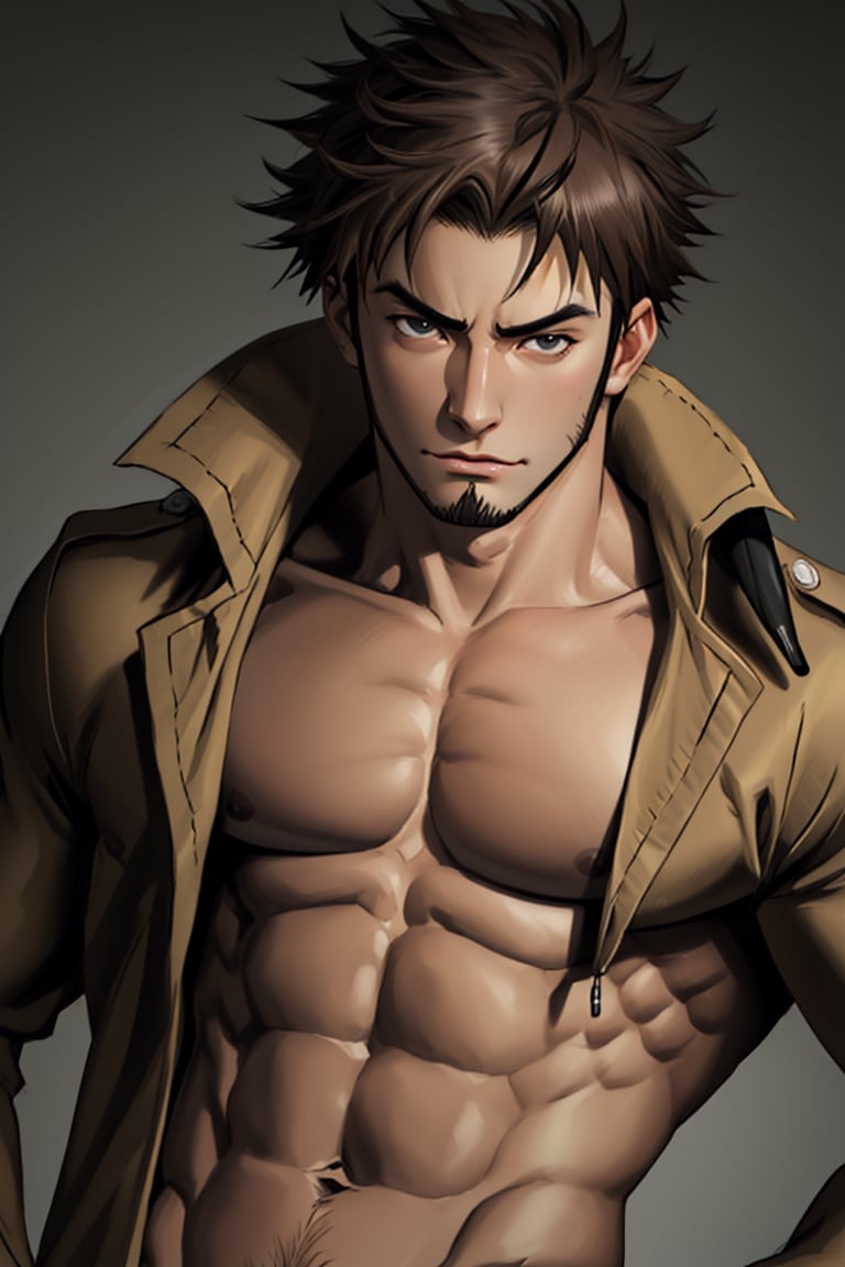 solo male, Genma Shizume, Asian, Japanese, black hair, chinstrap beard, sideburns, black eyes, calm eyes, slitty eyes, intense gaze, (topless, bare chest, bare neck, bare belly, bare abdomen), (light brown trench coat, open trench coat:1.2), black pants, black gloves, mature, masculine, handsome, charming, allurin, smile, upper body, perfect anatomy, perfect proportions, (best quality, masterpiece, high_resolution:1.3), (perfect eyes, perfecteyes:1.3),perfecteyes