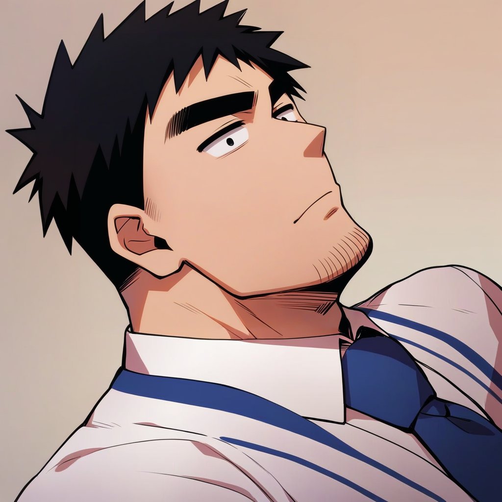 score_9, score_8_up, score_7_up, score_6_up, perfect anatomy, perfect proportions, best quality, masterpiece, high_resolution, high quality, solo male, Harumi Takeda , takeda harumi \(shiromanta\), black hair, short hair, facial hair, stubble, black eyes, thick eyebrows, sanpaku, constricted pupils, (white collared shirt), blue necktie, black pants, adult, mature, masculine, manly, handsome, charming, alluring, standing, (from side), (upper body), dutch angle, simple background
