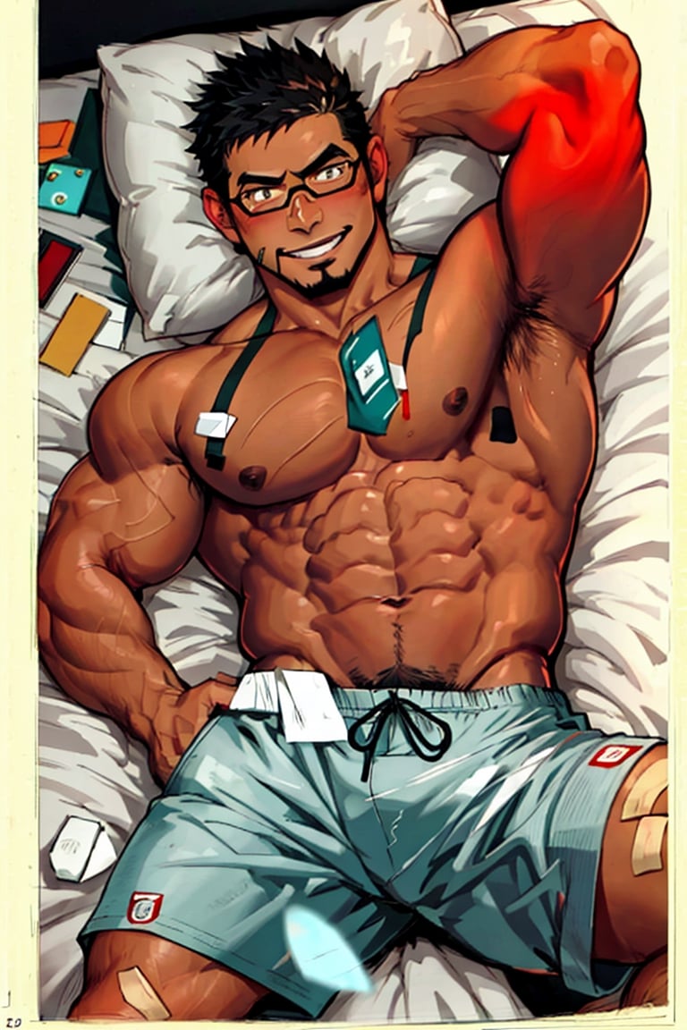 (1 image only), solo male, bara, Kyoichi Ootomo, Live A Hero, Asian, Japanese, hero, short hair, black hair, green streaked hair, sideburns, black eyes, facial hair, goatee, (wore glasses), tan skin, white bandaid on nose, glasses, complete topless, shirtless, grey athletic shorts, shy, blush, smile, mature, handsome, charming, alluring, laying on bed, on back, perfect anatomy, perfect proportions, (best quality, masterpiece), (perfect eyes, perfect eye pupil), perfect hands, high_resolution, dutch angle