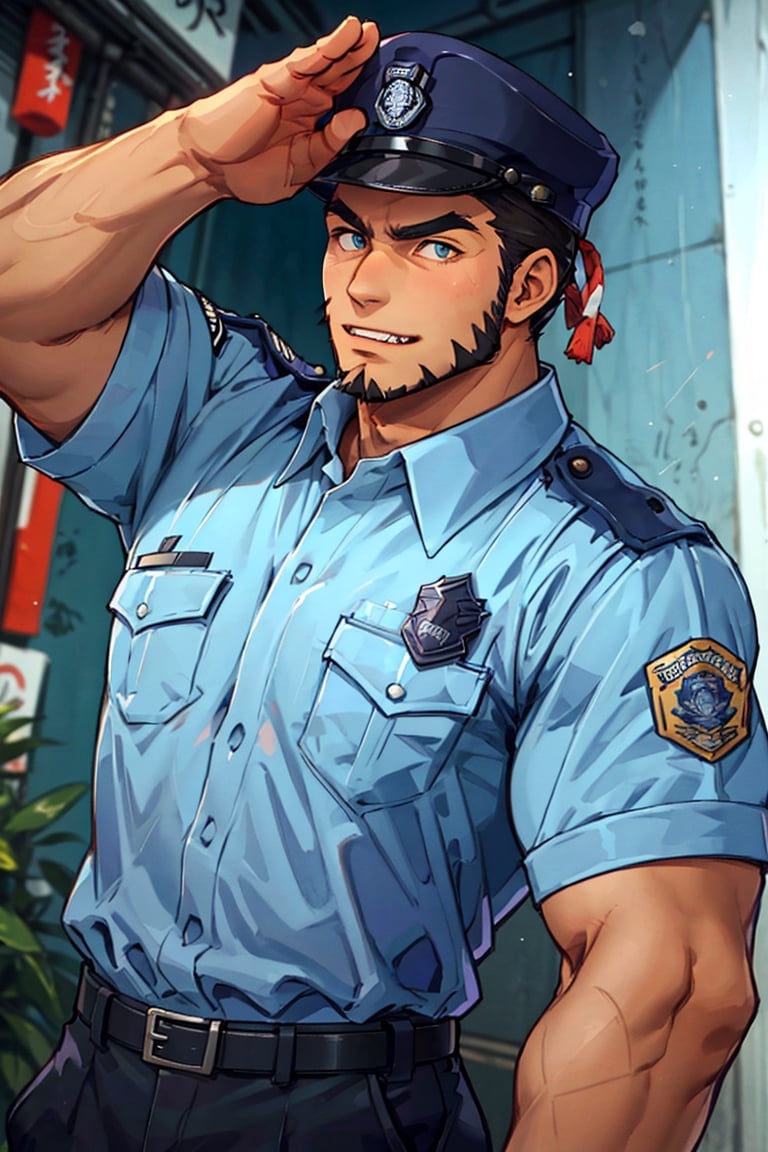 (1 image only), solo male, bara, Tajikarao, Tokyo Afterschool Summoners, Asain, Japanese, dark hair, short hair, thick eyebrows, sideburns, facial hair, beard, fangs. Japanese police uniform, Japanese, police hat, aqua-color collared shirt, black pants, mature, handsome, charming, alluring, standing, upper body in frame, perfect anatomy, perfect proportions, 2d, anime, (best quality, masterpiece), (perfect eyes, perfect eye pupil), high_resolution, dutch angle, Tokyo city street, better_hands, salute, red hands, Shide 
,perfecteyes