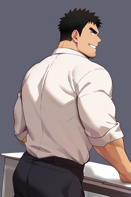 score_9, score_8_up, score_7_up, score_6_up, perfect anatomy, perfect proportions, best quality, masterpiece, high_resolution, high quality, solo male, Harumi Takeda , takeda harumi \(shiromanta\), black hair, short hair, facial hair, stubble, black eyes, thick eyebrows, sanpaku, constricted pupils, (white collared shirt), black pants, adult, mature, masculine, manly, tone, muscular, handsome, charming, alluring, standing, friendly, smile, upper body, dutch angle, cowboy shot, simple background, BREAK office, (from behind, hands on desk), backside, butt raised, look over shoulder
