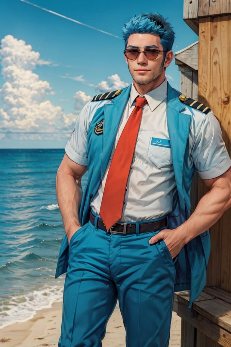 (1 image only), solo male, Wilbur, Animal Crossing, personification, pure blue hair, short hair, black eyes, blue facial hair, jawline stubble, aviation pilot uniform, white collor shirt, red necktie, epaulette, aviator sunglasses, blue pants, socks, black footwear, bandaid on nose, mature, dilf, bara, handsome, charming, alluring, grin, standing, upper body, hand in pocket, perfect anatomy, perfect proportions, (best quality, masterpiece), (perfect eyes, perfect eye pupil), perfect hands, high_resolution, dutch angle, cowboy shot, seaside, summer