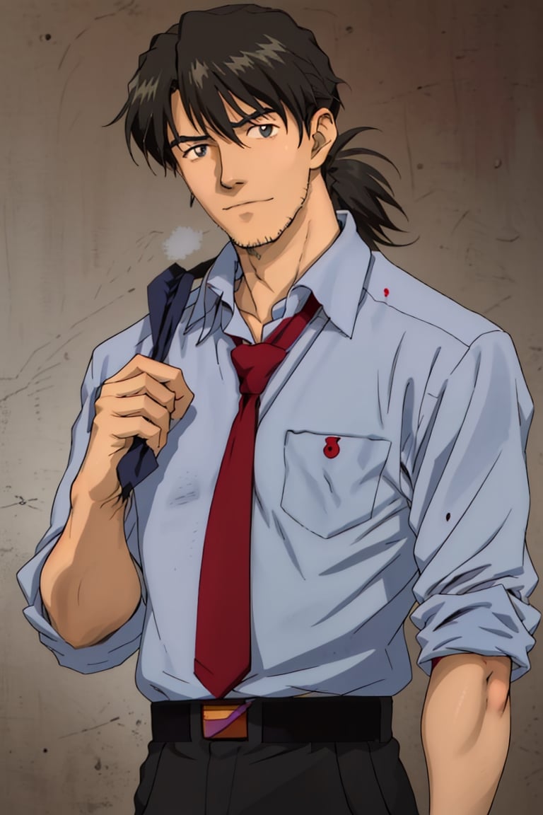 (1 image only), solo male, Ryoji Kaji, Neon Genesis Evangelion, Asian, Japanese, dark brown hair, bangs, short ponytail, dark brown eyes, (thin stubble), blue collared shirt, red sleeves rolled up, necktie, black pants, mature, handsome, charming, alluring, standing, upper body, perfect anatomy, perfect proportions, 2D, anime, (best quality, masterpiece), (perfect eyes, perfect eye pupil), perfect hands, high_resolution, dutch angle