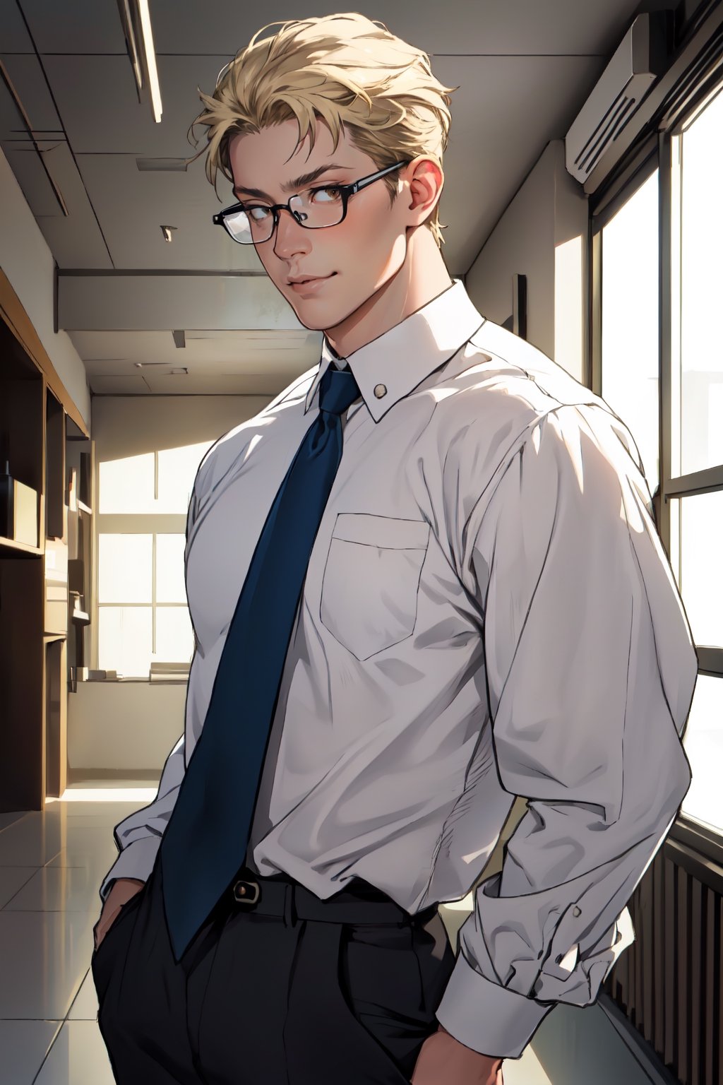 reiner braun, hazel eyes, blond hair, short hair, bare forehead, (stubble:1.2), (wore rectangular spectacles framed glasses:1.2), (light blue collared shirt:1.3, deep blue necktie:1.2, black pants), tucked-in shirts, manly, hunk, masculine, virile, confidence, charming, alluring, smile, standing, (upper body in frame), 1920s artdeco style room, golden and black background, perfect light, perfect anatomy, perfect proportions, perfect perspective, 8k, HQ, (best quality:1.5, hyperrealistic:1.5, photorealistic:1.4, madly detailed CG unity 8k wallpaper:1.5, masterpiece:1.3, madly detailed photo:1.2), (hyper-realistic lifelike texture:1.4, realistic eyes:1.2), picture-perfect face, perfect eye pupil, detailed eyes, realistic, HD, UHD, look at viewer, solo, art_deco_fusion, mature