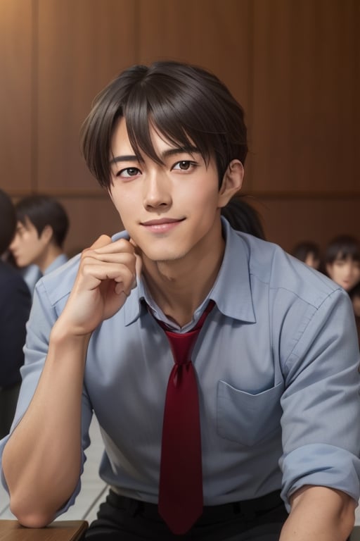 (1 image only), solo male, Ryoji Kaji, Neon Genesis Evangelion, Asian, Japanese, dark brown hair, bangs, short ponytail, dark brown eyes, thin stubble, blue collared shirt, red sleeves rolled up, necktie, black pants, smile, mature, handsome, charming, alluring, (head rest), pov, upper body, table, perfect anatomy, perfect proportions, 2D, anime, (best quality, masterpiece), ((perfect eyes, perfect eye pupil)), perfect hands, high_resolution, dutch angle