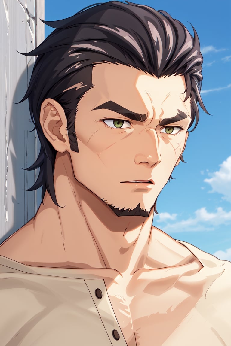 (1 image only), solo male, Kaburagi, Deca Dence, greying black hair, slicked back hair, thick eyebrows, sideburns, goatee, green eyes, scar, tucked-in wide necked short-sleeved white shirt, sleeves tucked up and buttoned, short sleeves, olive wide worker pants, black belt tied, brown boots. simplpe leather bracelet, toned male, mature, handsome, charming, alluring, (portrait, close-up), perfect anatomy, perfect proportions, best quality, masterpiece, high_resolution, dutch angle, outdoors, day, blue sky, science fiction, citadel on sky, photo background, (bare neck, collarbone:1.3)