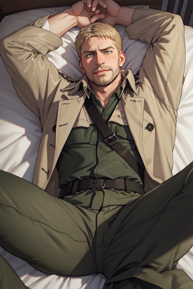 reiner_braun  1boy, solo, (extremely detailed CG unity 8k wallpaper), (masterpiece), (best quality), (ultra-detailed), (best illustration), (best shadow), upper body, (lying on bed, on back, spread legs), masculine, stubble, handsome, charming, alluring, smirk, awkward, shy, blush, perfect eyes, white collared shirt, (widely open tan trench coat), (military green pants), perfect anatomy, perfect proportions, perfecteyes, arms rised