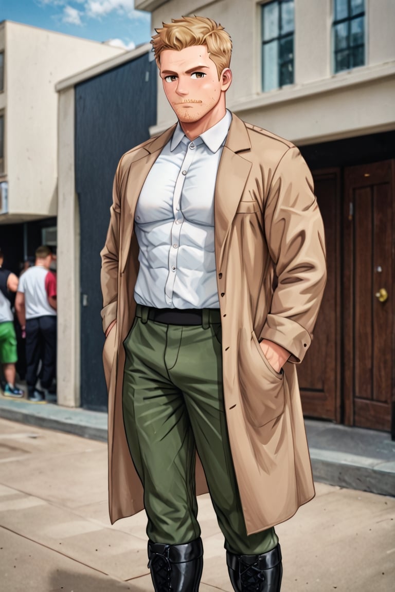 solo male, Reiner Braun, blond hair, short hair, facial hair, stubble, hazel eyes, thin eyebows, tall, fit, masculine, (pure white collared shirt:1.3), light-brown trench coat, (open coat:1.2), military dark green pants, black combat boots,  handsome, charming, alluring, standing, upper body, perfect anatomy, perfect proportions, best quality, masterpiece, high_resolution, dutch angle, cowboy shot, photo background, score_9_up