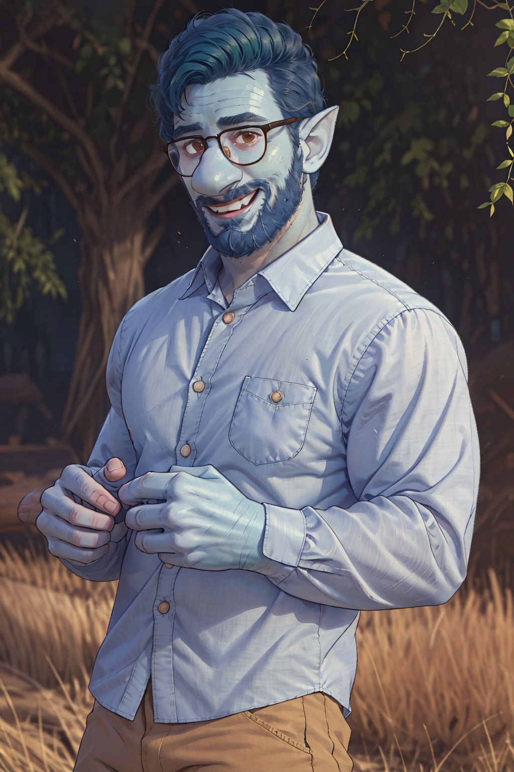 (1 image only), solo male, Wilden Lightfoot, Pixar Animation Onward, (blue skin), dark blue hair, short hair, brown eyes, thick eyebrows, pointy ears, facial hair, beard, black-framed-glasses, (white collared shirt:1.2), khaki pants, mature, bara, dilf, handsome, charming, alluring, smile, standing, upper body, perfect anatomy, perfect proportions, (best quality, masterpiece), (perfect eyes, perfect eye pupil), perfect hands, high_resolution, dutch angle, cowboy shot, green field