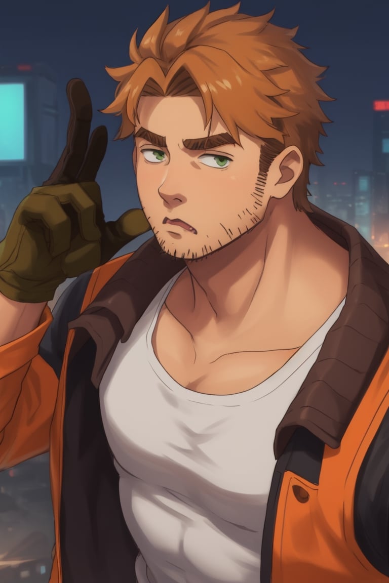 (1 image only), solo male, Gagumber, Sakugan, physical laborer worker, brown hair, two-tone hair, stubble, green eyes, thick eyebrows, (white tank top), (orange High-visibility jacket), open jacket, green work pants, black boots, black gloves, mature, handsome, charming, alluring, ((portrait, close-up)), perfect anatomy, perfect proportions, high_resolution, dutch angle, detailed background, cyberpunk city