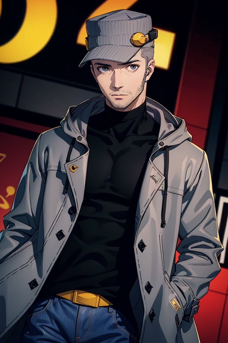 (1 image only), solo male, Munehisa Iwai,  Persona, Asian ,Japanese, Weapons Dealer, grey hair, short hair, stubble, grey eyes, sideburns, gray pin-striped hat with yellow ear defenders, black turtleneck sweater, long gray coat, open coat, coat hood down, simple blue jeans, black leather boots, mature, handsome, charming, alluring, upper body, perfect anatomy, perfect proportions, (best quality, masterpiece), (perfect eyes), high_resolution, dutch angle, cowboy shot  ,Munehisa Iwai