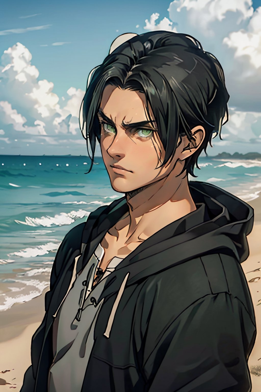 Eren Jaeger(black hair,:1.2), (grey-green eyes:1.4), fit body, shirt, ( black jacket, long sleeves, open clothes, hood, hood down), collarbone, charming, alluring, dejected, depressed, sad, (standing), (upper body in frame), simple background(beach, sunny day, endless ocean, mid day), backlight, cloudy blue sky, perfect light, only 1 image, perfect anatomy, perfect proportions, perfect perspective, 8k, HQ, (best quality:1.5, hyperrealistic:1.5, photorealistic:1.4, madly detailed CG unity 8k wallpaper:1.5, masterpiece:1.3, madly detailed photo:1.2), (hyper-realistic lifelike texture:1.4, realistic eyes:1.2), picture-perfect face, perfect eye pupil, detailed eyes, realistic, HD, UHD, (front view, symmetrical picture:1.2), look at viewer, tear in eyes,erenad