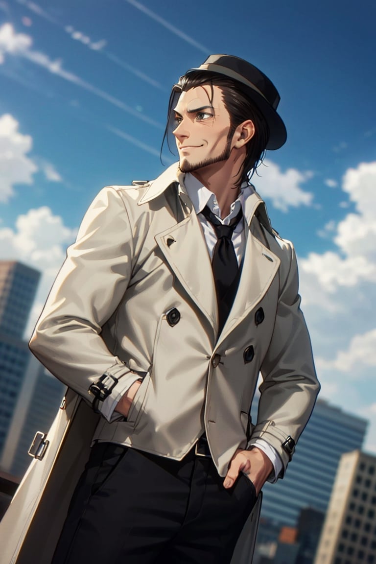 solo male, Kenny Ackerman, Attack on Titan Anime style, brown hair, hair slicked back, grey eyes, sideburns,  thin beard along jawline, shaved face, (white collared shirt), (black trench coat:1.2), (dark fedora hat), black pants, athletic build, mature, middle-age, handsome, charming, alluring, smirk, standing, upper body, perfect anatomy, perfect proportions, best quality, masterpiece, high_resolution, dutch angle, cowboy shot, photo background, 