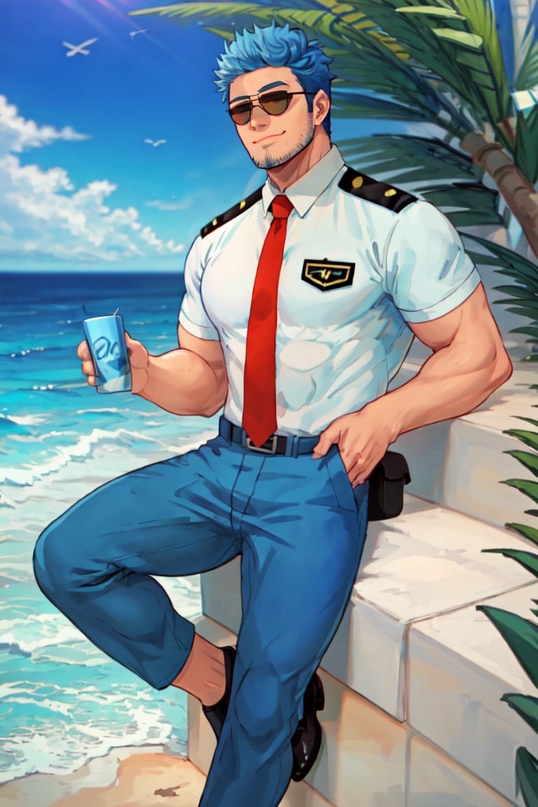 (1 image only), solo male, Wilbur, Animal Crossing, personification, blue hair, short hair, blue facial hair, jawline stubble, black eyes, (aviator sunglasses), aviation pilot uniform, white collor shirt, red necktie, epaulette, blue pants, socks, black footwear, mature, bara, handsome, charming, alluring, smile, shy, blush, large pectorals, (on all four, pov), looking at viewer, perfect anatomy, perfect proportions, (best quality, masterpiece), (perfect eyes, perfect eye pupil), perfect hands, high_resolution, seaside, summer
