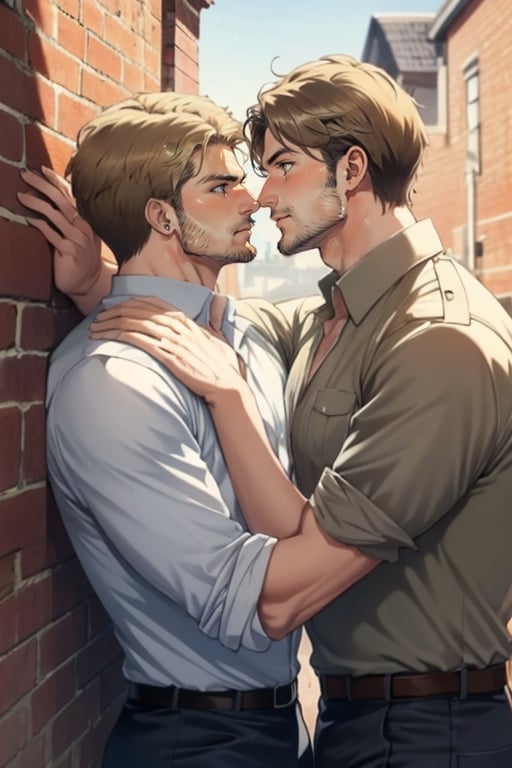 perfect anatomy, perfect proportions, perfect perspective, couple, ((2people)), first man giver (jean_kirstein, brown hair, stubble, light brown eyes),second mature man receiver(reiner braun, blond hair, stubble, hazel eyes, chiseled jaw), (( pure white collared shirt, roll-up sleeves)), short hair, stubble, dilf, different hair style, different hair color, different face, makeout, eye contact, gay, homo, slight shy, charming, alluring, seductive, highly detailed face, detailed eyes, perfect light, on 1910s city wall, military, retro, (best quality), (8k), (masterpiece), best quality, 1 image, rugged, manly, hunk, hug 